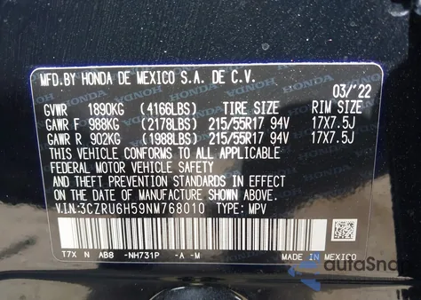 2022 Honda Hr-V Awd Ex из США, поврежденный, VIN 3CZRU6H59NM768010